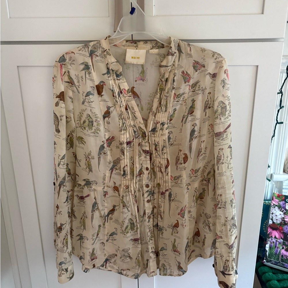 Maeve Cream Bird-Print Ruffle Front Blouse with Multicolor Accents